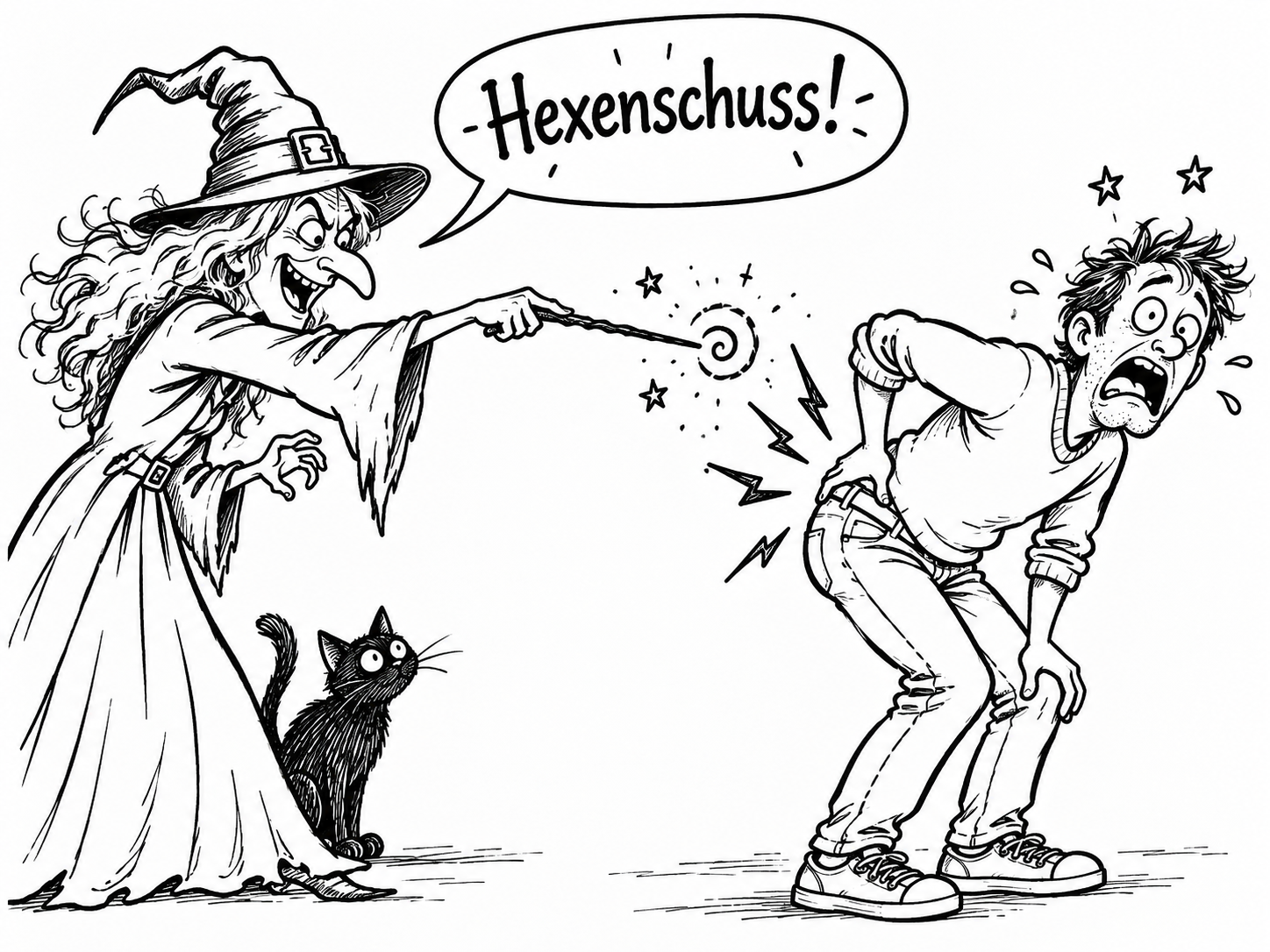 Illustration zum Hexenschuss: eine Hexe schießt einem Mann mit einem Zauberstab in den Rücken